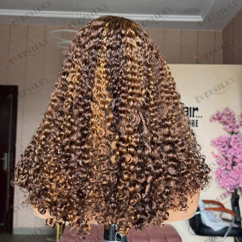 Side Part Mongolian Human Hair Curly Highlight Golden Brown Natural Hairline Lace Front Wigs for Black Women Glueless 180Density