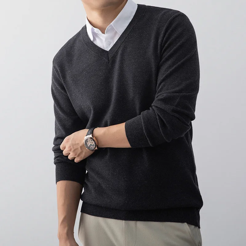 autumn knitted sweater wool V-neck base sweater slim fit sweater men middle-aged young solid color business knitted pullovers