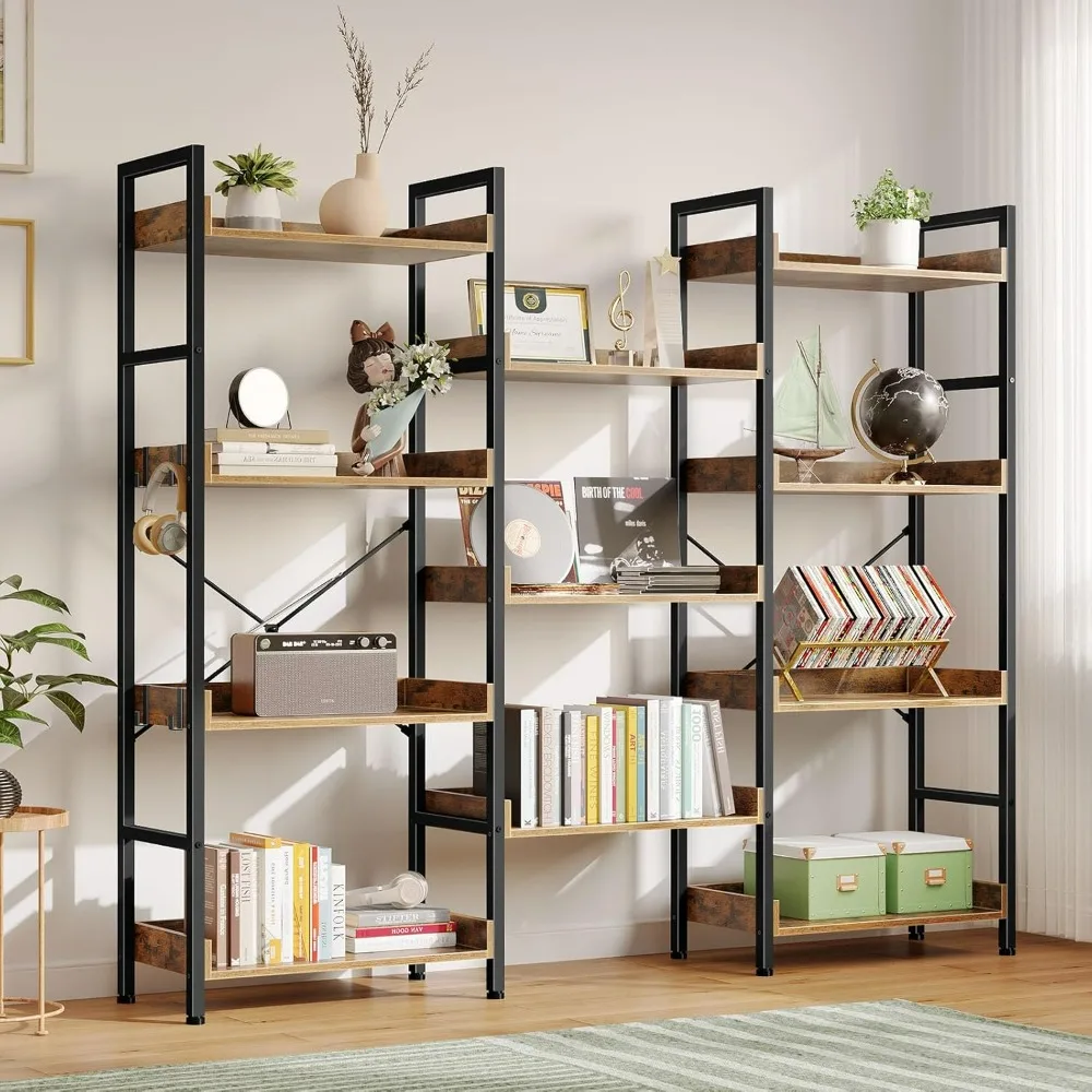 Bookshelf , Triple Bookcase with Open Display Shelves, Industrial Wide Bookshelf with Metal Frame