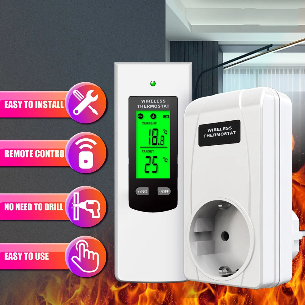 

Wireless Thermostat Outlet 433.92MHz Remote Control Heating Thermostat Controller With Backlit LCD Display 230V/16A/50Hz