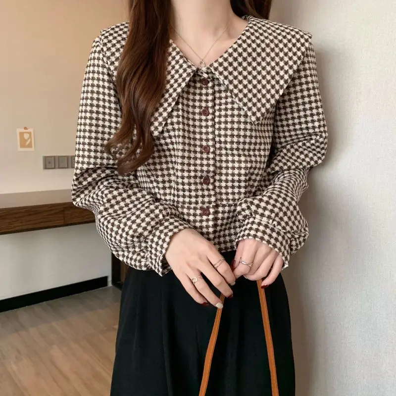 Vintage Plaid Short Shirt Tops Spring Autumn New Polo Neck Long Sleeve All-match Fashion Blouse Korean Temperament Women Clothes