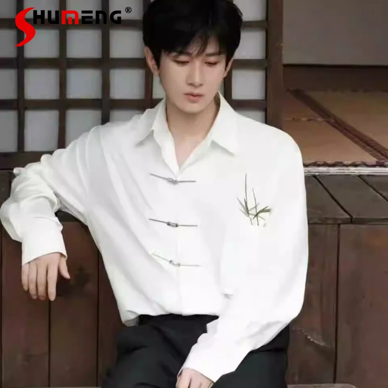 

2026 Men's Spring New Fashion Embroidered Tops Male Chic Metal Airplane Buckle Decoration Loose Shirts Lapel Long Sleeve Shirts