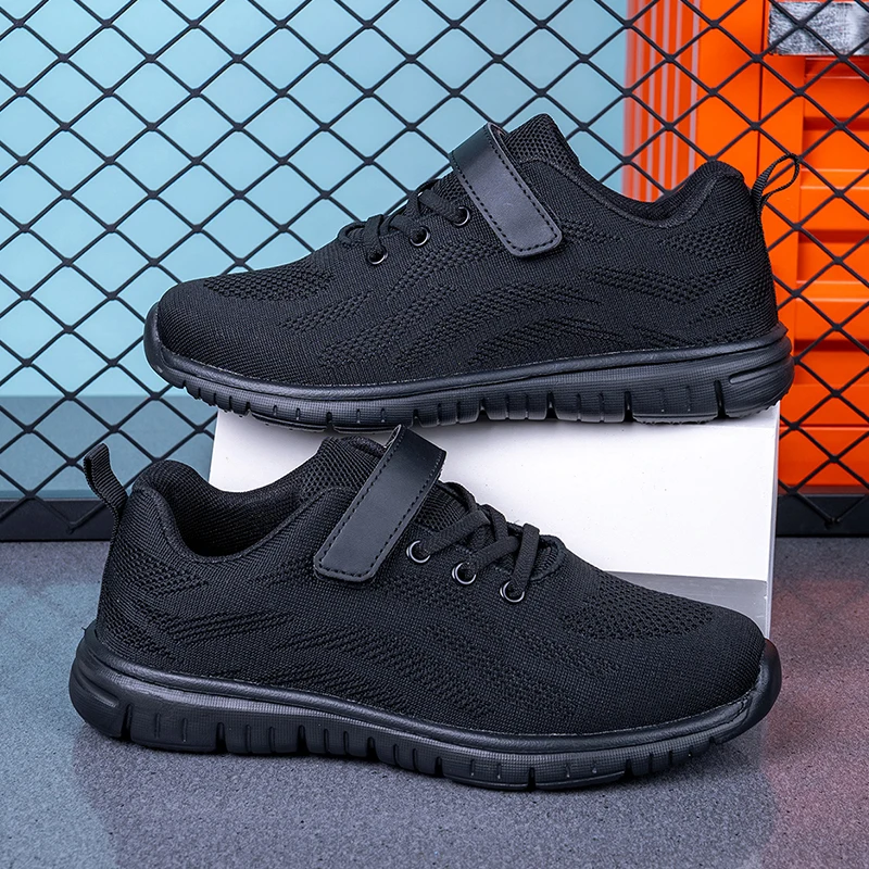 

Spring Children Breatheable Simple Boys Sneakers Solid Black School Shoes for Girls Hook & Loop Kids Casual Walking Shoes