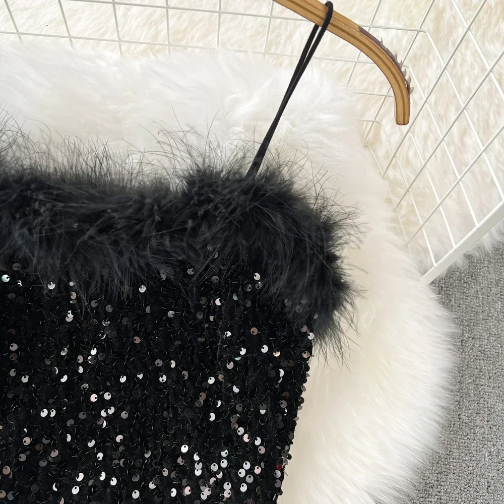 冬のスパンコールセクシーなツーピースセット女性背中の開いたノースリーブグリッタータンクトップとミディスカートスーツ女性のファッション衣装