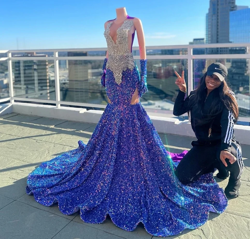 Blue African American Prom Dresses For Black Girls Mermaid Sheer Crystals Nigeria Robe De Soiree Evening Gown Customized