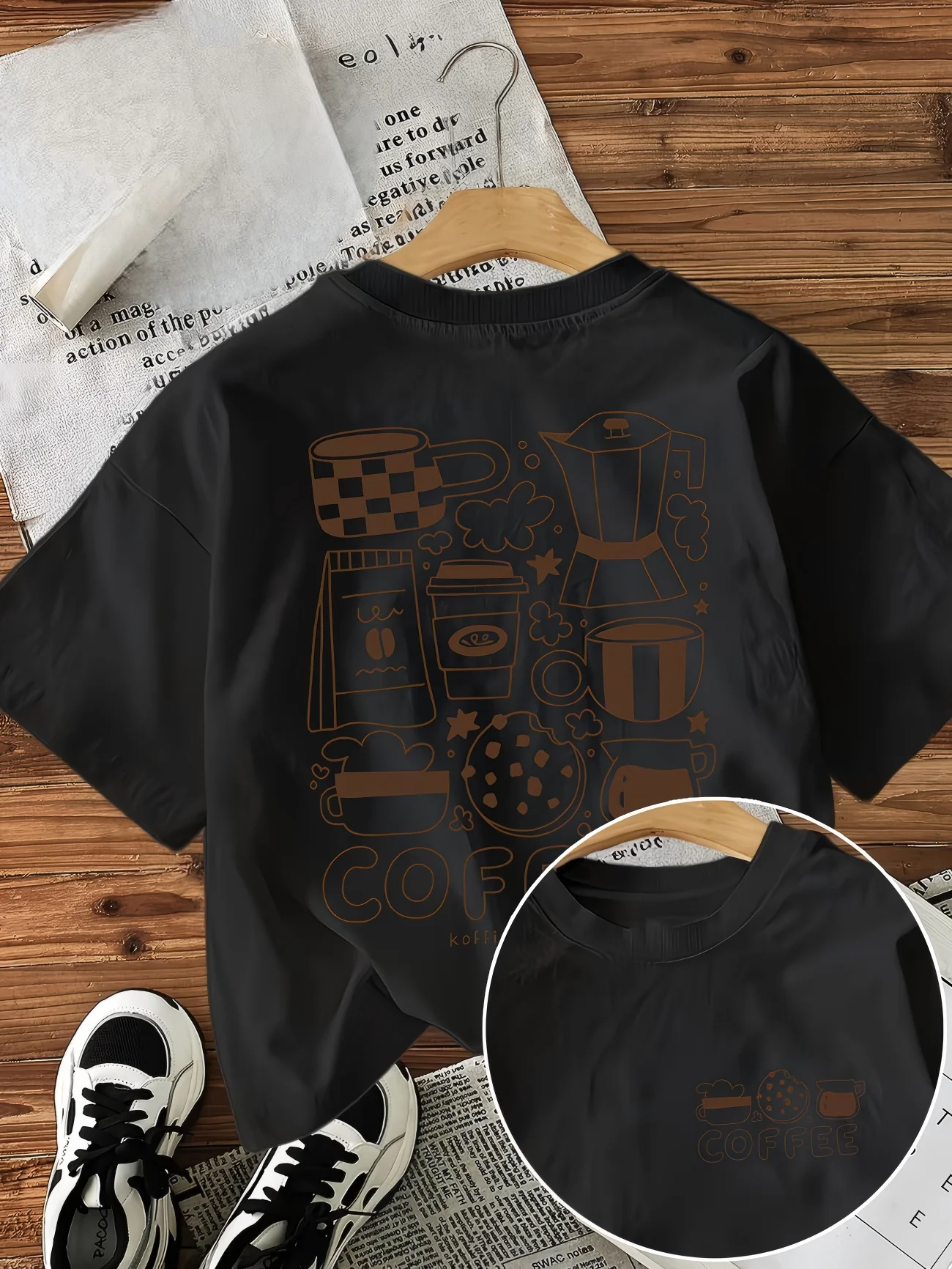 Aesthetic Coffee Graphic T-Shirt Korean Style Minimalist Tee Cute Hand-Drawn Coffee Print Top Casual Fashionable Streetwear 2026