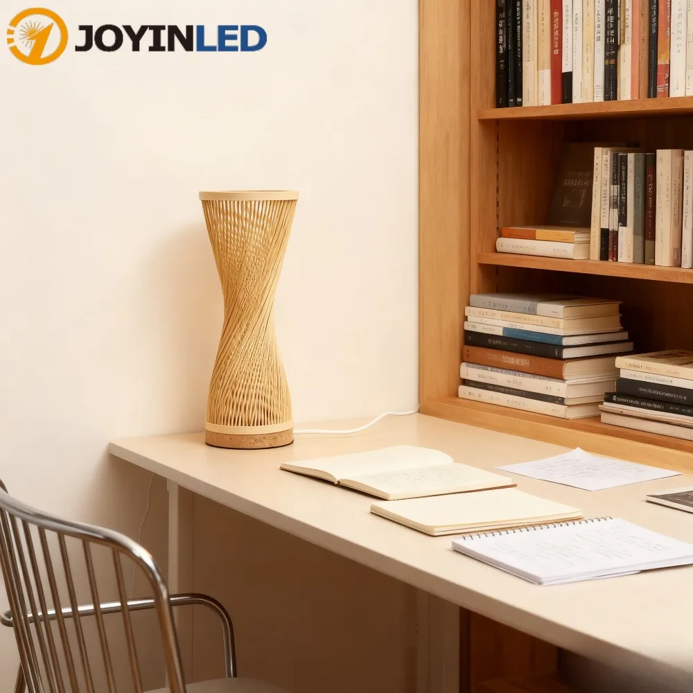 Lampa stołowa w stylu japońskim JOYINLED, bambusowa, 15x35 cm, ręcznie pleciona z rattanu, z włącznikiem/wyłącznikiem, do sypialni, gabinetu, żarówka LED E27