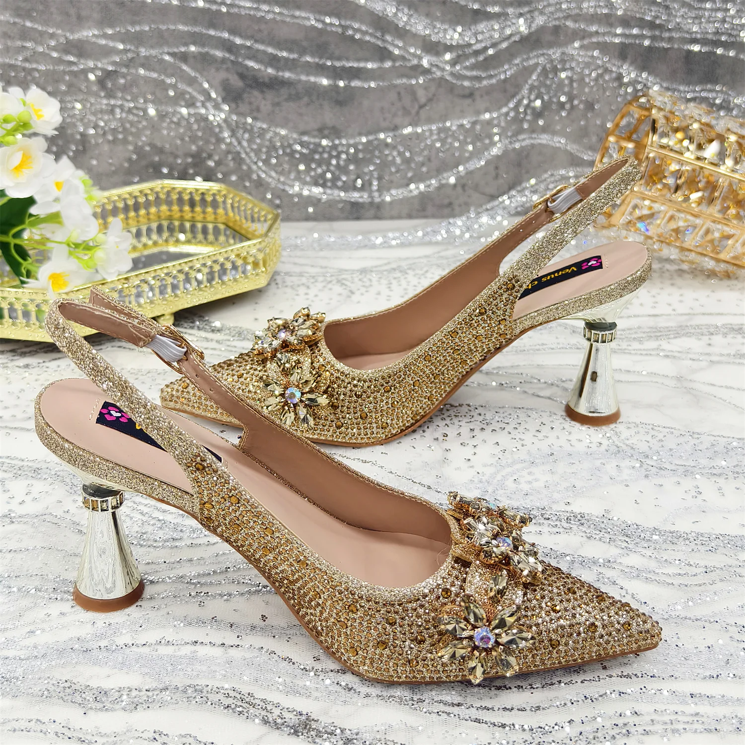 Venus Chan 2025 Gold Color Pointed-Toe Women's High Heels Shoes and Bags for Party Rhinestone Evening Elegant Luxury Handbag