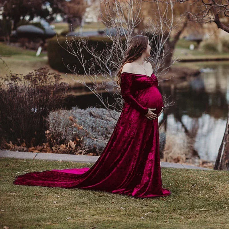 사진을위한 출산 복장 출산 사진 복장 맥시 가운 임신 여성 v 넥 긴 소매 벨벳 롱 드레스