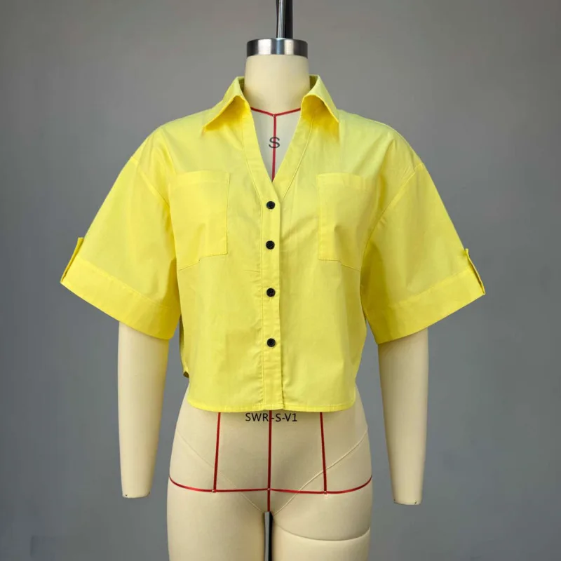 HKSH Wiosna Lato Nowa Damska Koszula z Kołnierzykiem, Zapinana na Guziki, z Kieszeniami, Uniwersalna Krótka Bluzka, Eleganckie Codzienne Top HK17241