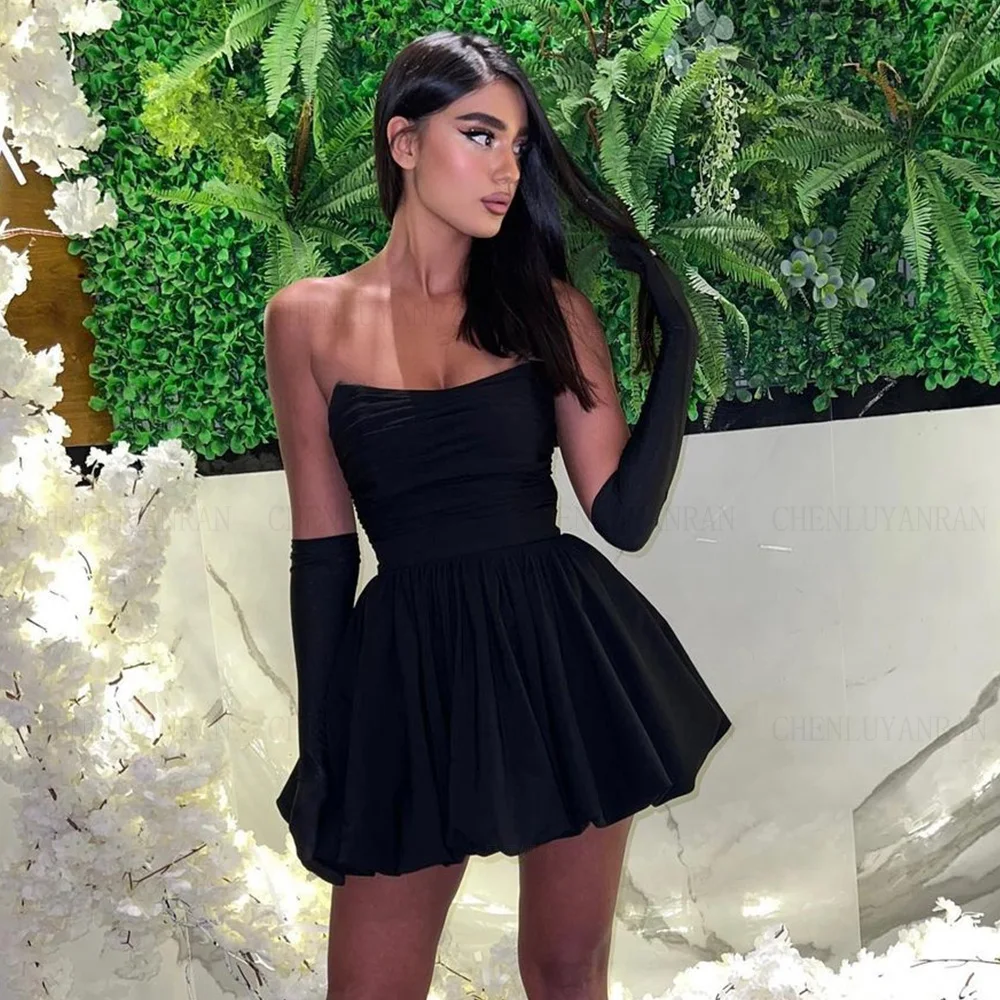 Satin Sexy Formal Occasion Dresses 2024 With Gloves Black Mini Party Dress Strapless A-line Cocktail Gowns فساتين مناسبة رسمية