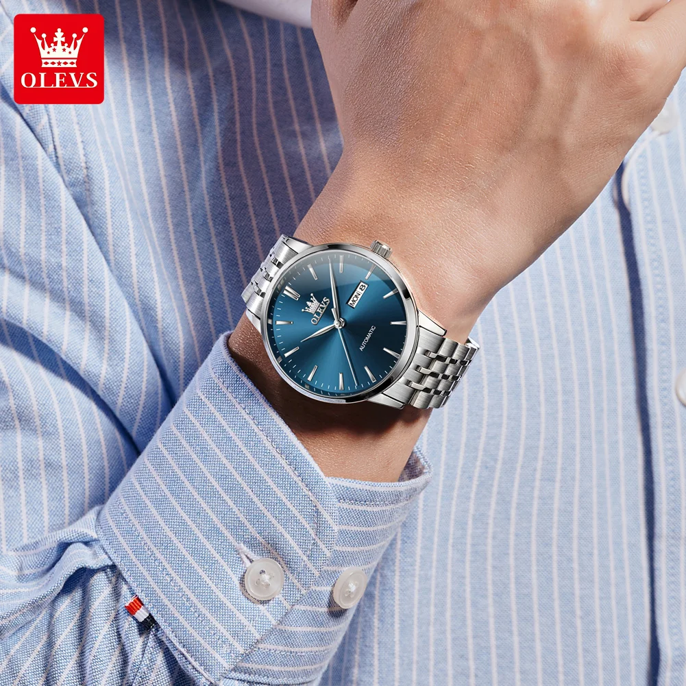 OLEVS 7048 Man Watch Simple Dual Calendar Mechanical Watch For Men High Hardness Mirror Luxury Original Waterproof Wrist Watches