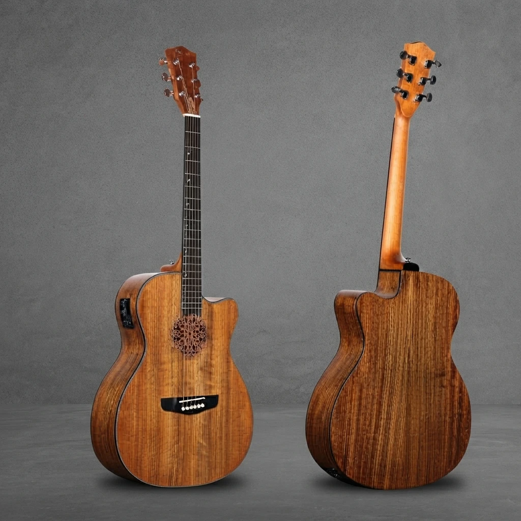 Floral Soundhole Inlay Guitar, 6 String Cutaway Acoustic Electric, Slim Neck, Chrome Tuners, Glossy Finish for Stage Performance