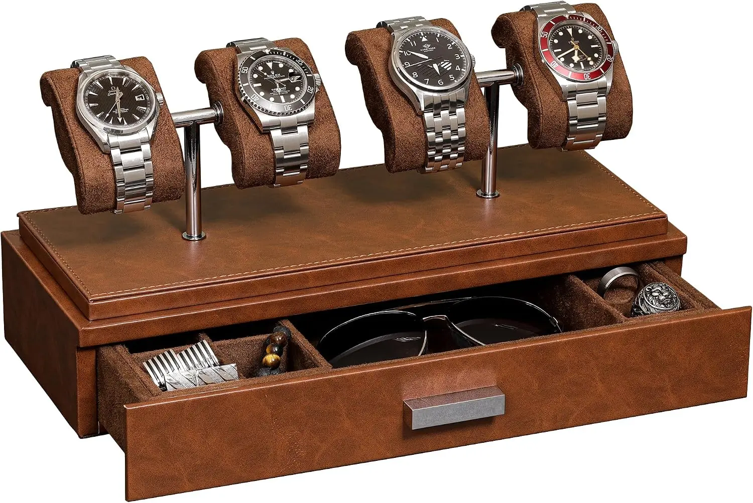 Leather Box Acrylic Cover Four Watch Storage Slide Cushions Drawer Configurations Tan Brown
