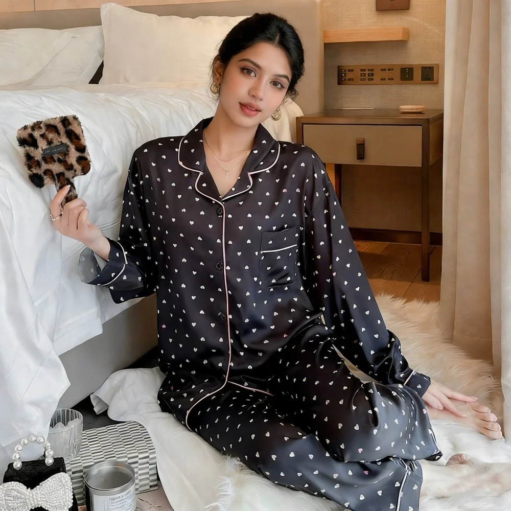 Women's black heart-shaped printed long sleeved long pants sleepwear set, simulated silk home suit, pink rolled edge loose two-p
