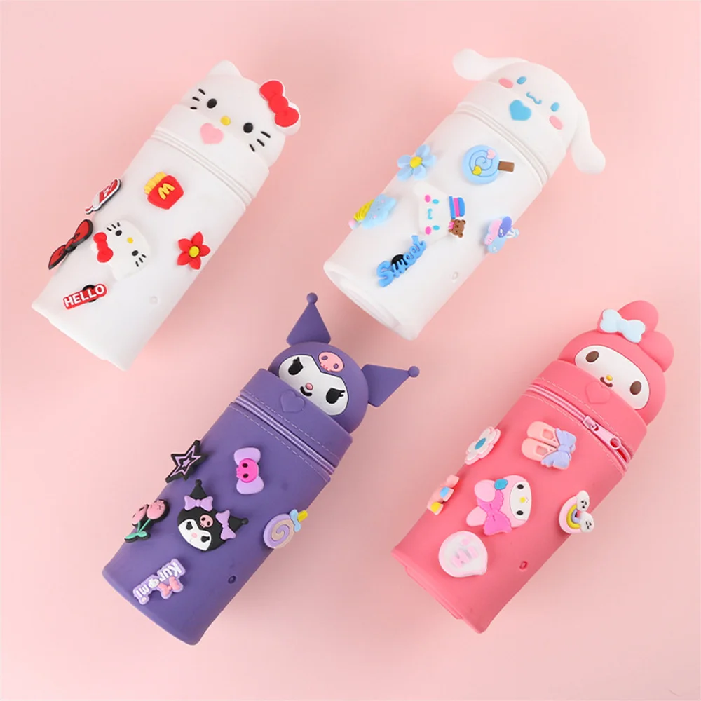 Cute Cartoon HelloKitty Kuromi DIY Silicone Pencil Case Student Melody Large Capacity Telescopic Storage Pen Holder Stationery