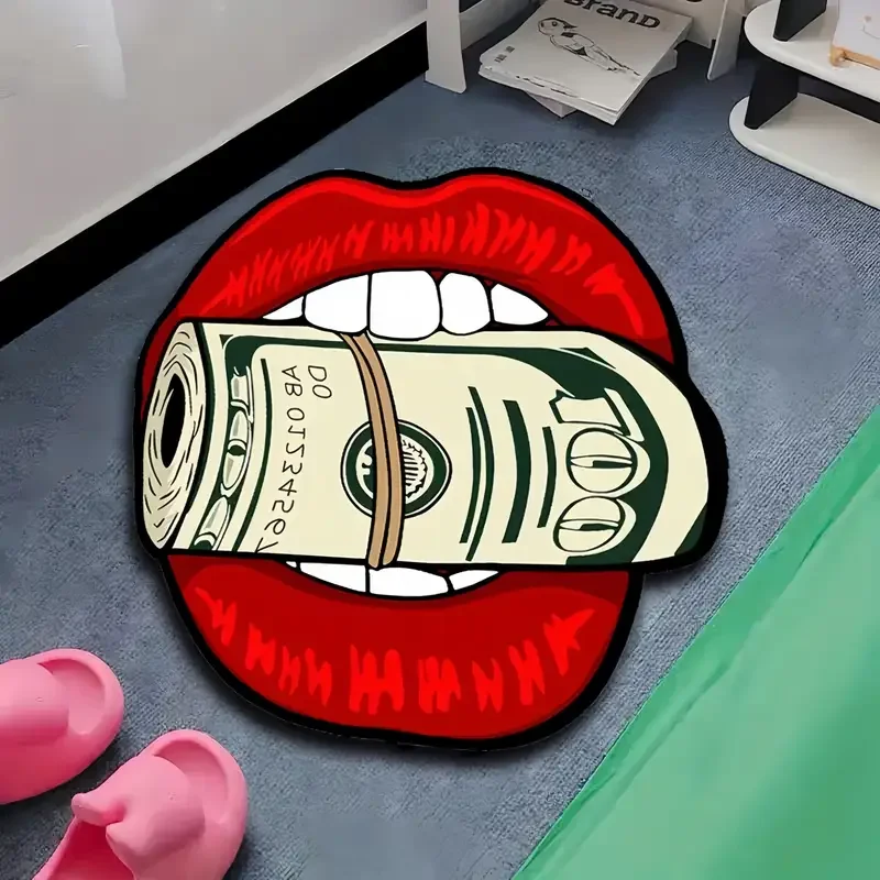 VIKAMA Flame Red Lips Banknote Rug, Soft And Machine-Washable Home Decor, Indoor Entrance Doormat, Bedroom Decorative Floor Mat