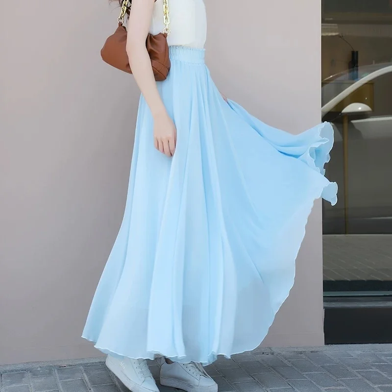

2026 New Spring Summer Elastic High Waist Chiffon Skirts Women Solid A Line Long Skirt Ladies A Line Big Swing Beach Skirt Saia