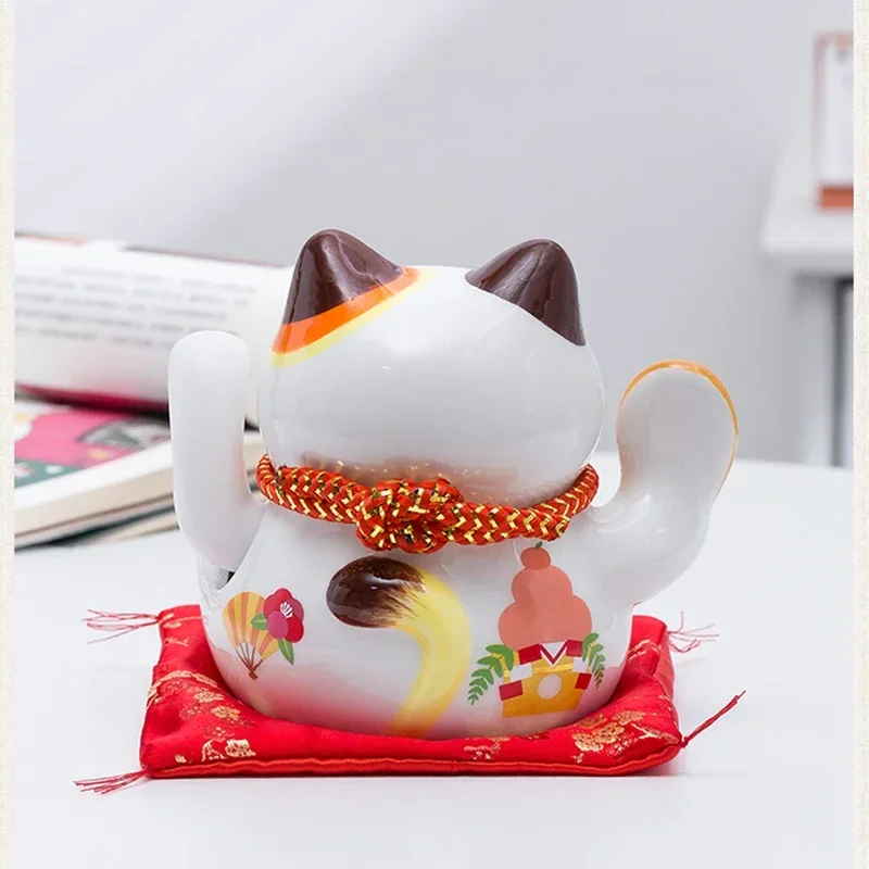 5 inch Maneki-neko  Ceramic Fortune Cat Waving Hand Lucky Cat Plutus Cat Battery Powered Feng Shui Maneki Neko Best Gift