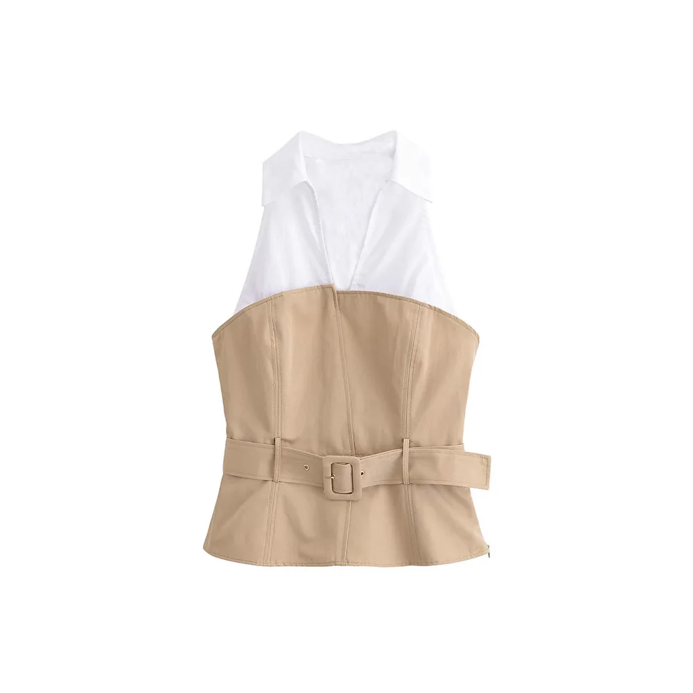 Dames contrasterende haltertop met riem Lentemode V-hals damesvest met zijrits Mouwloze vrouwelijke tanktops