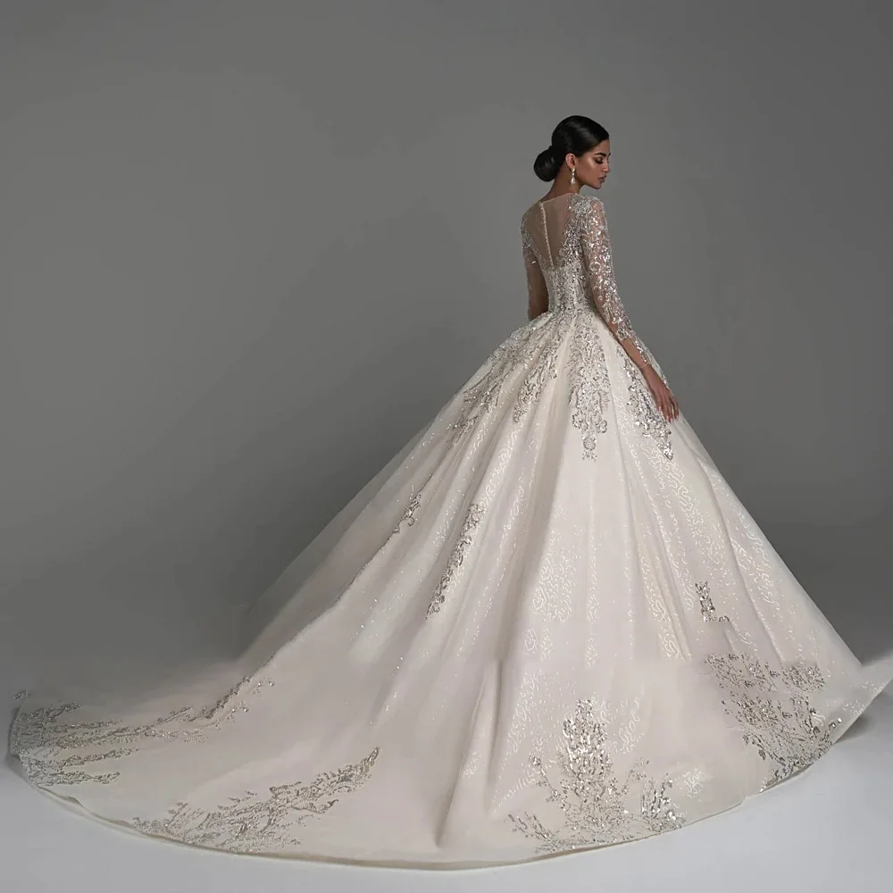 2024 Luxury Ball Gown Wedding Dresses O-Neck Long Sleeve Lace Beaded Bride Gowns Customized High Quality Women Clothing