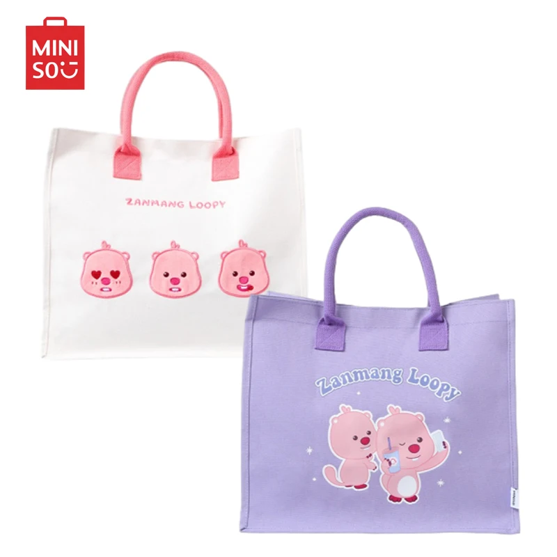 

MINISO New Fashion Loopy Kawaii Canvas Handbag Cartoon Girls Portable Large Capacity Bento Lunch Bag Stationery Storage Pouch