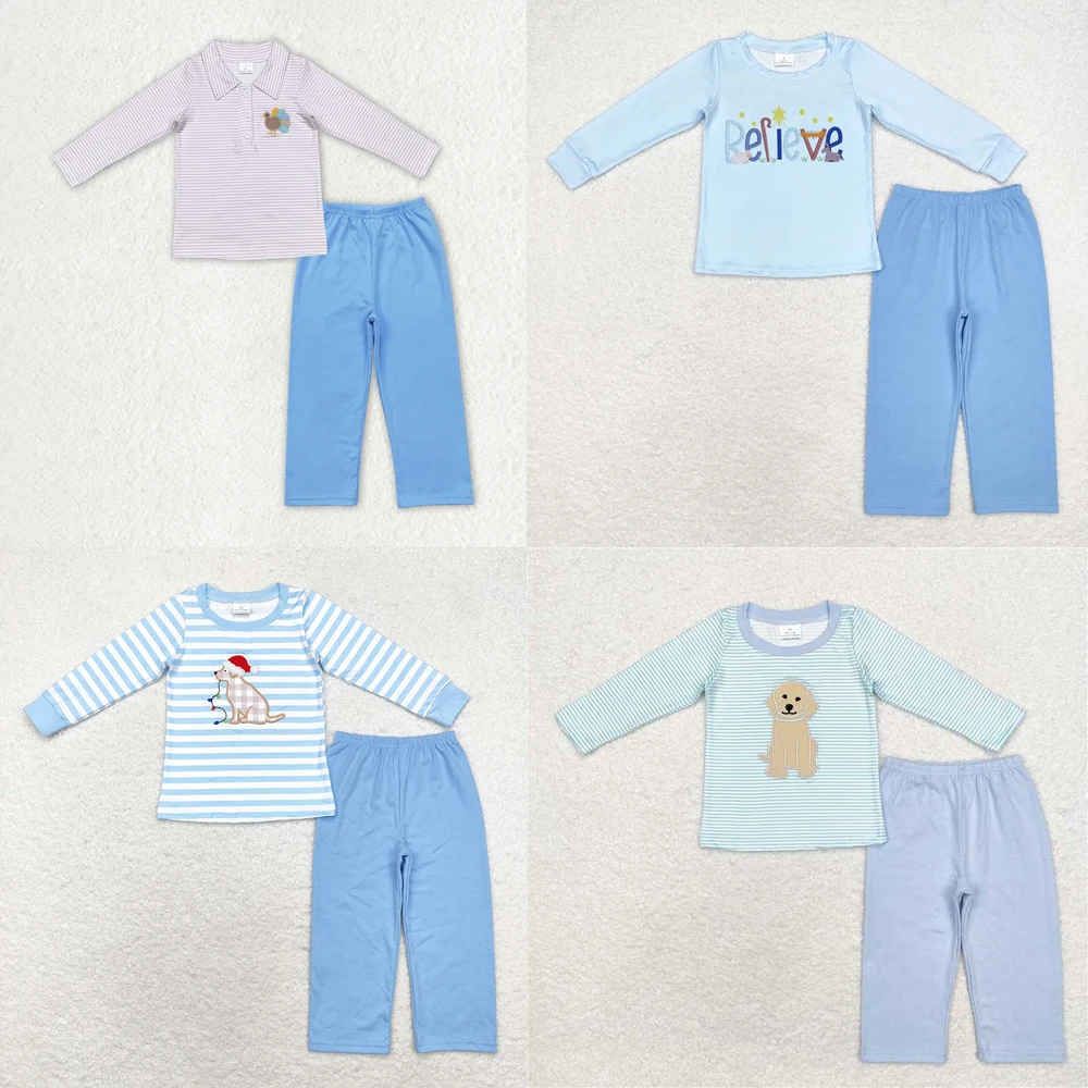 

Wholesale Hot Sale Western Boutique Children Clothing Baby Boys Sibling Clothes Dogs Long sleeve blue pantsuit