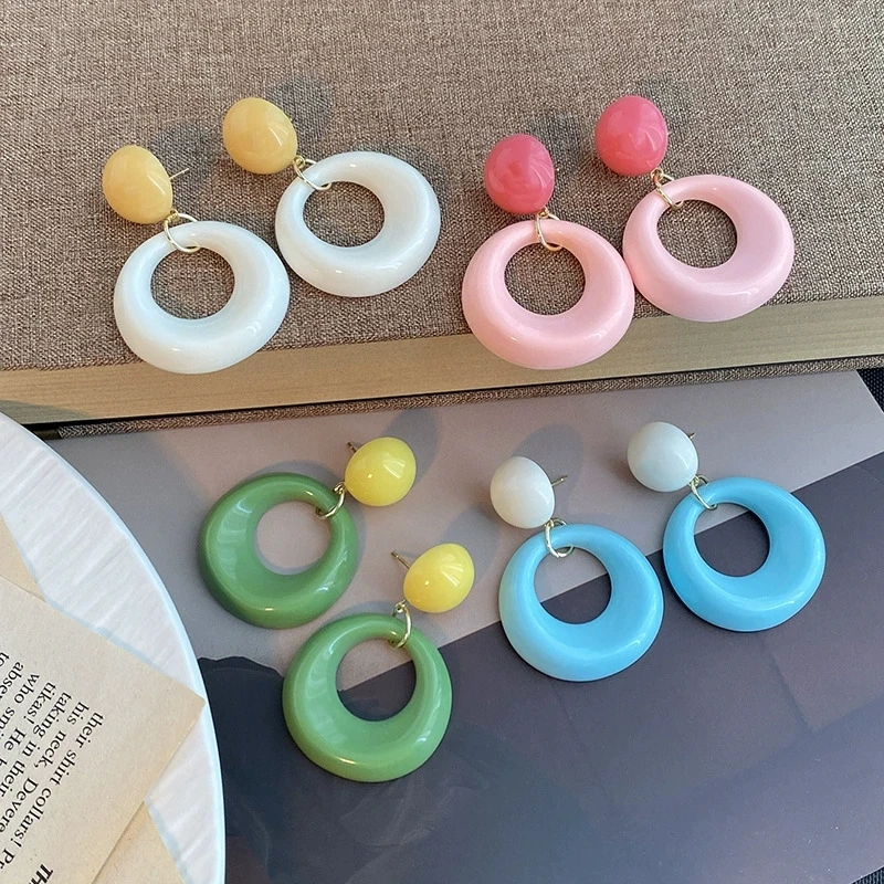 Geometry Round Circle Dangle Earrings Trendy Contrast Candy Color Acrylic Bean Drop Earrings for Women Sweet Party Jewelry Gifts