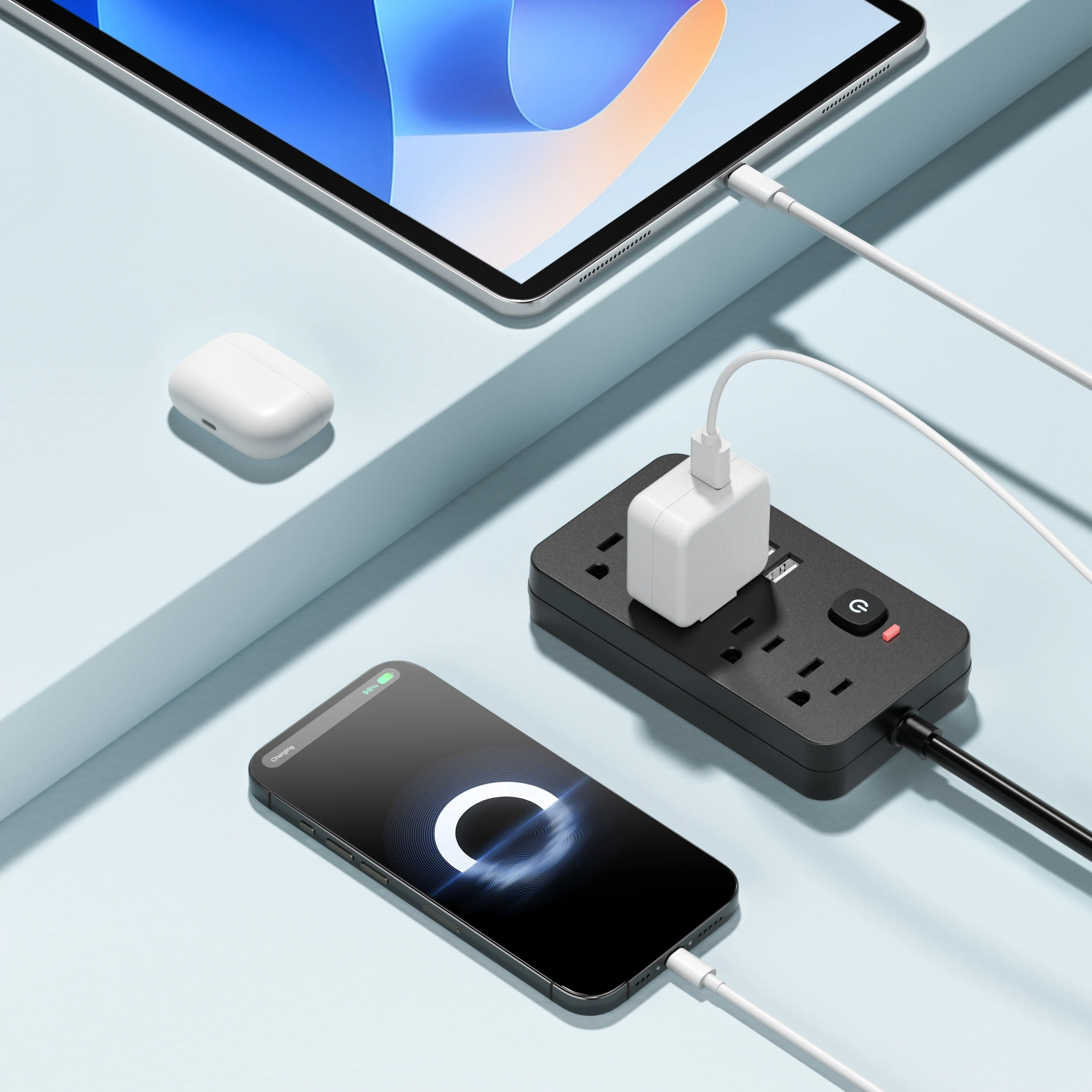 10-in-1 US Power Outlet, Extension Cord, 10ft Corded Power Outlet Surge Protector, 4 AC Outlets, 4 USB 2 Type-C, Desktop Chargin