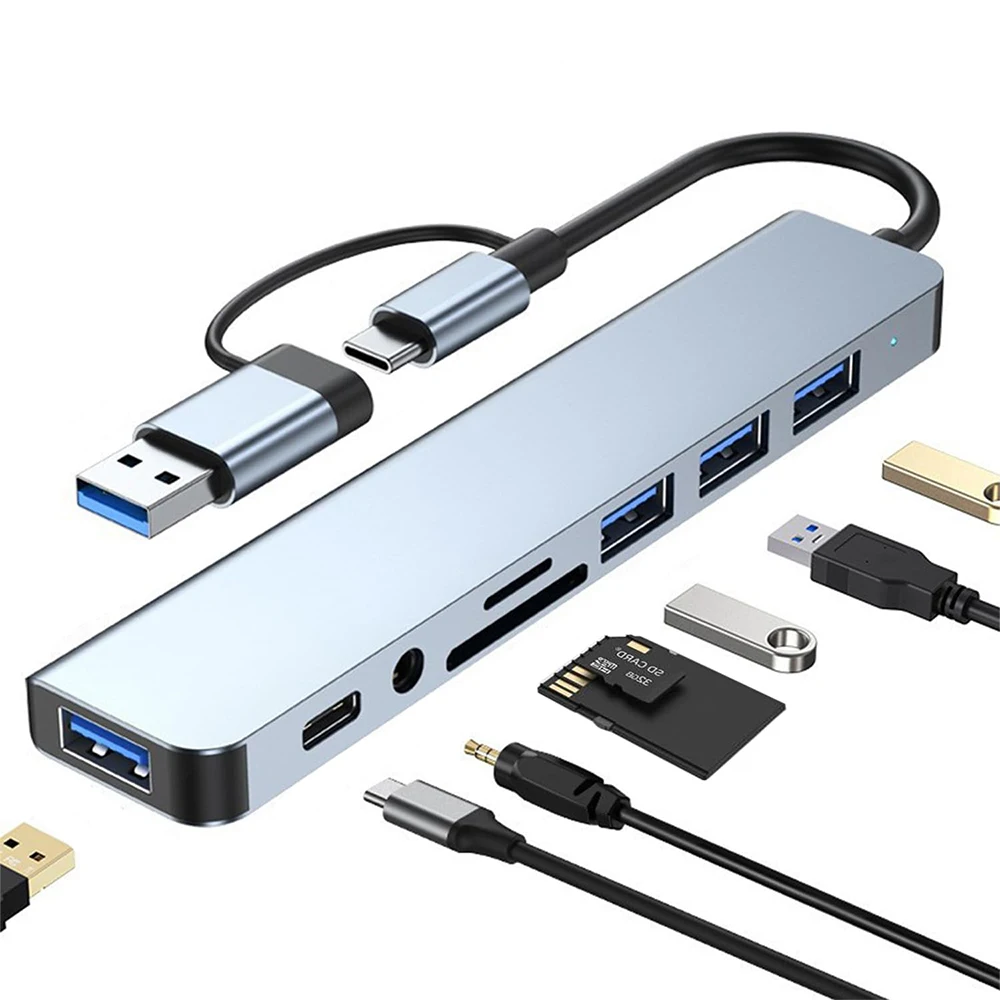 

8 в 1 Многофункциональный хаб Тип C RJ45 Ethernet и 100 Вт USB C PD зарядные порты с TF/SD считывателем для автомобиля