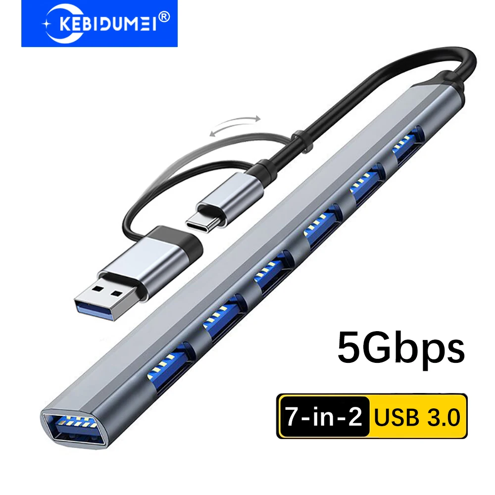 KEBIDUMEI 7-in-2 USB C Docking Station USB 3.0 HUB 5Gbps Transmission USB Splitter TYPE-C to USB 3.0 2.0 Hub OTG Adapter