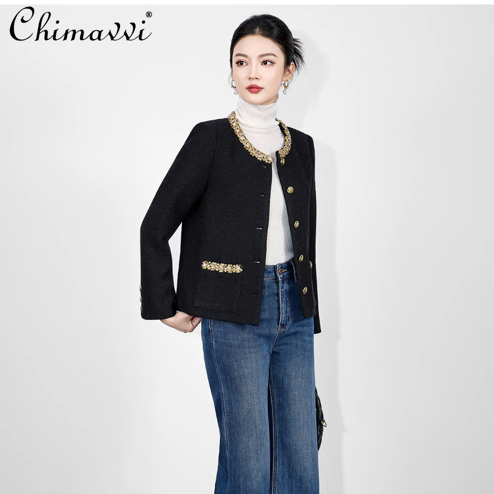 

French Elegant Socialite Sequin Round Neck Long Sleeve Single-Breasted Straight Versatile Commuter Short Jacket for Women Autumn