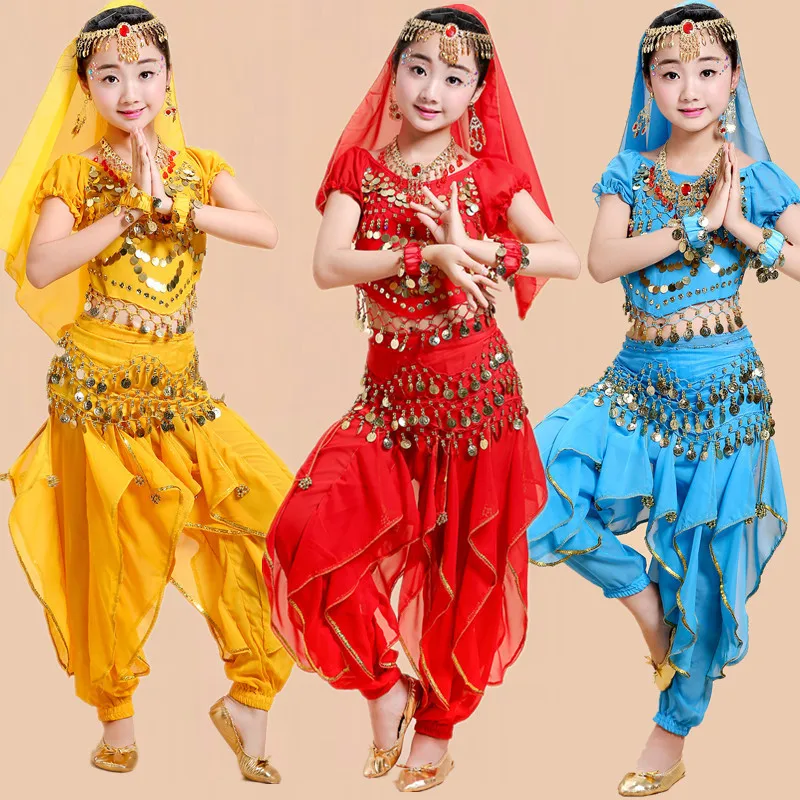 เด็ก Belly Dance ชุด Oriental สาวเต้นรำหน้าท้องเต้นรำอินเดีย Belly Dance เสื้อผ้า Belly Dance เด็กผู้ใหญ่อินเดีย4สี