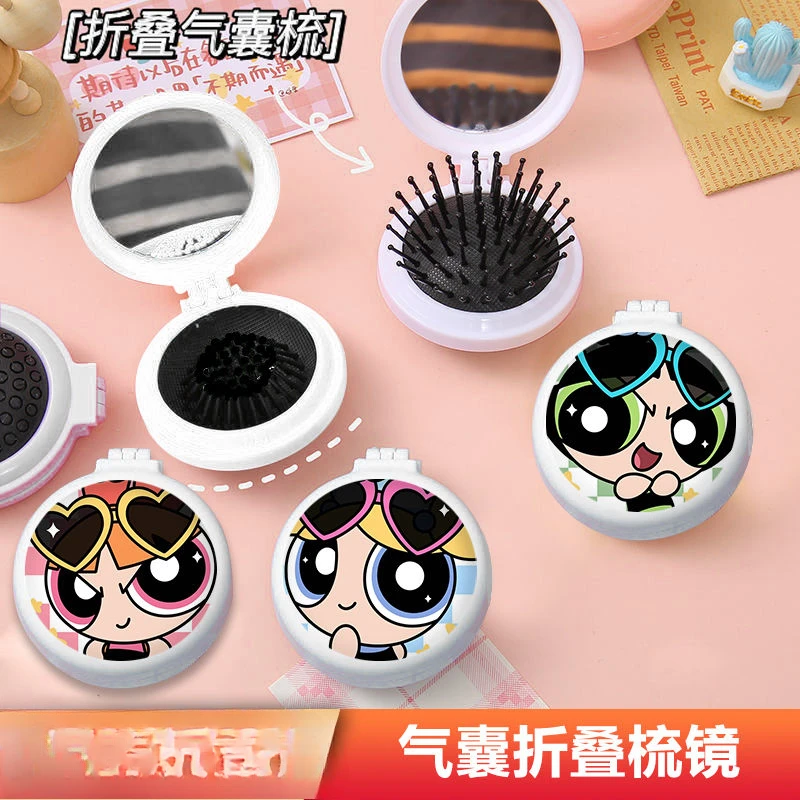 Powerpuff Girls Cartoon Cute Airbag Folding Mirror Comb Integrated Mini Comb Compact Portable Massage Comb Gift Wholesale