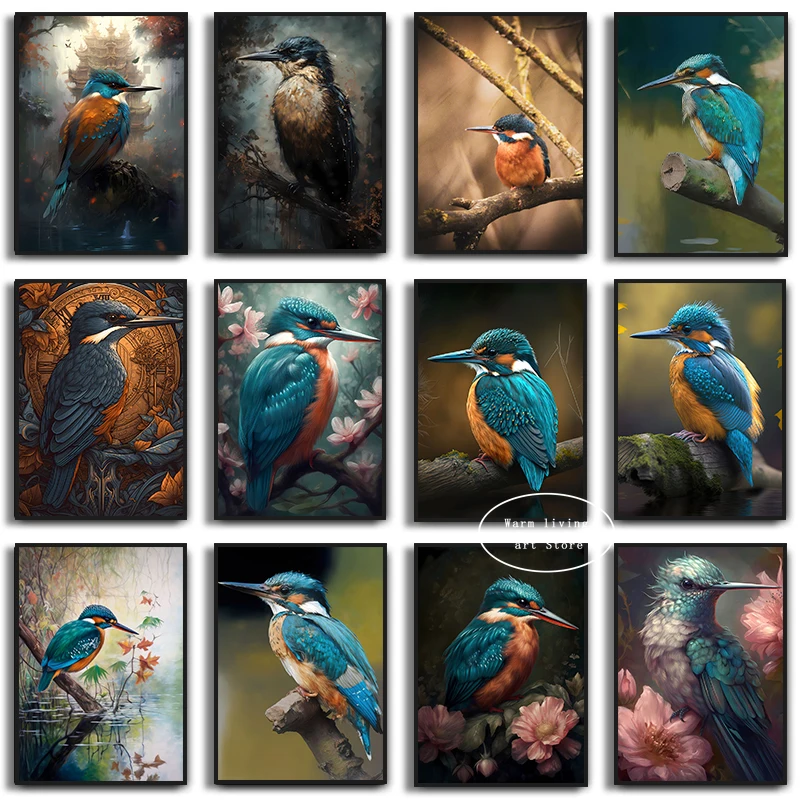 Animal Kingfisher Flower Leaf Landscape Poster Bird Canvas Painting Print Wall Art Pictures for Nordic Room Home Decor Cuadros