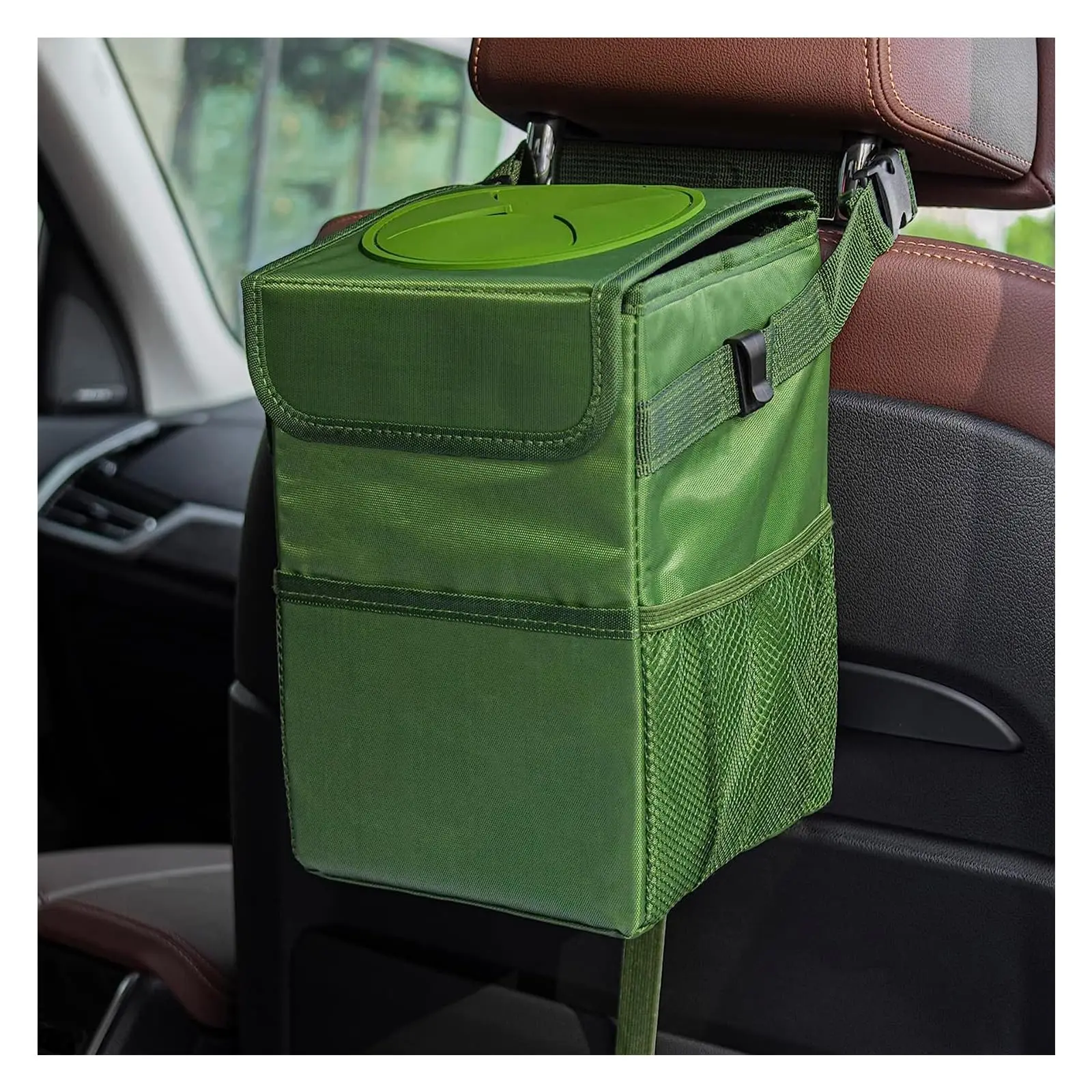 

Green Hanging Car Trash Bin With Lid, Waterproof Collapsible Organizer With Mesh Pockets, Universal Vehicle Accessory
