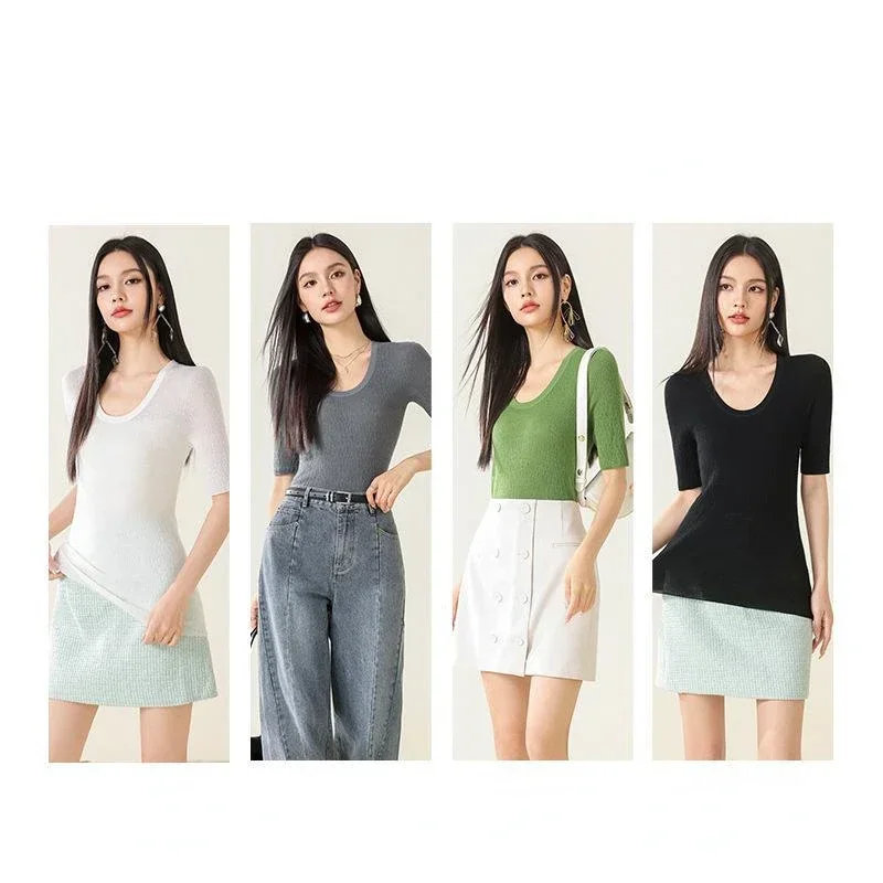 Damen-T-Shirt aus 100 % australischer Wolle, elegantes, dünnes, nahtloses Strick-T-Shirt mit U-Ausschnitt, halbärmeliges, lässiges, elastisches Damen-Frühlings-T-Shirt