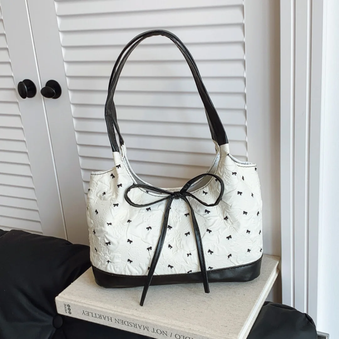 Sweet Single Shoulder Underarm Bag Bow Print Tote Bag Fashion Underarm Bag Protable Casual Commute Niche Handbags