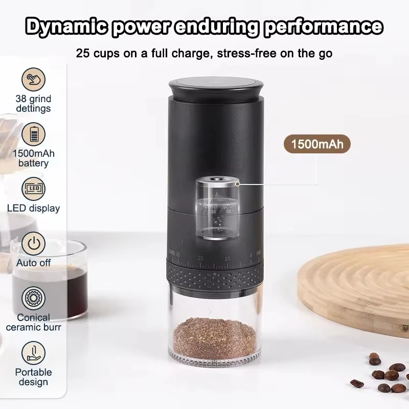 2024 New 1500mAh Electric Coffee Bean Grinder 38-Gears Thick/Thin Powder Adjustable Type-C Charging Household Small Coffee Maker