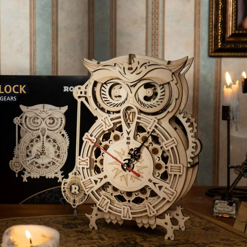 Robotime Owl Clock Model Kit Desk Clock Home Decor Unique Gift 3D Wooden Puzzle for Adults on Birthday Christmas Day