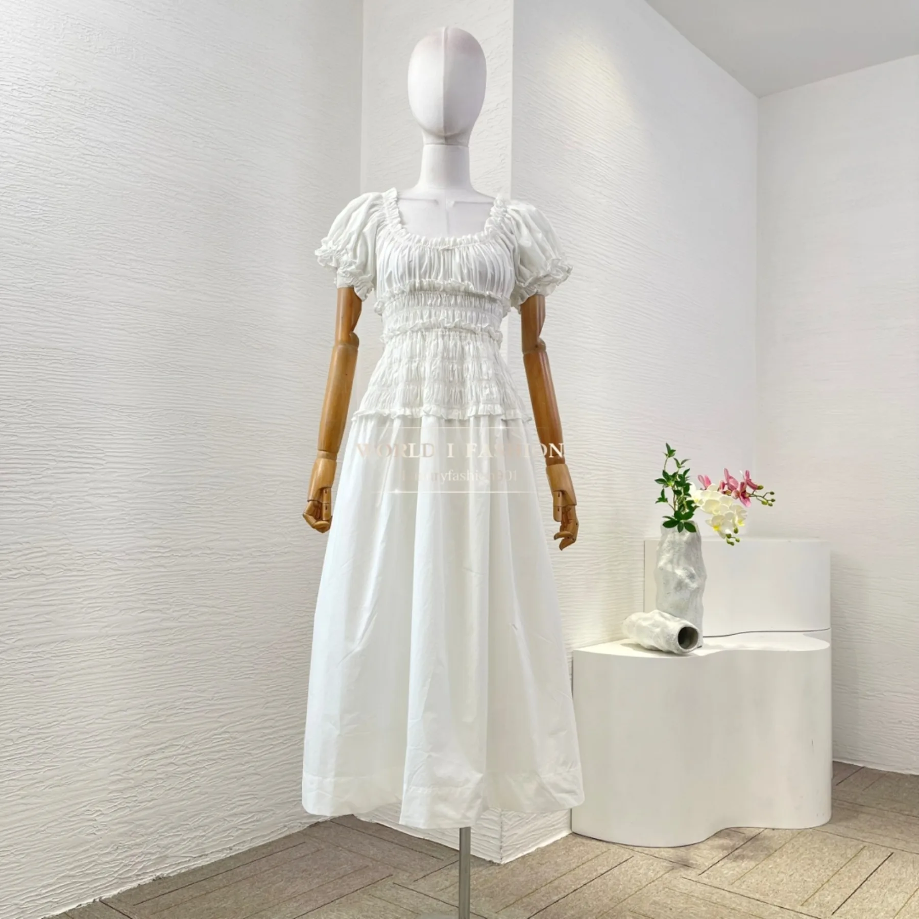 

Womens Dresses White Short Sleeve Ruffles Frilled Pleat Midi