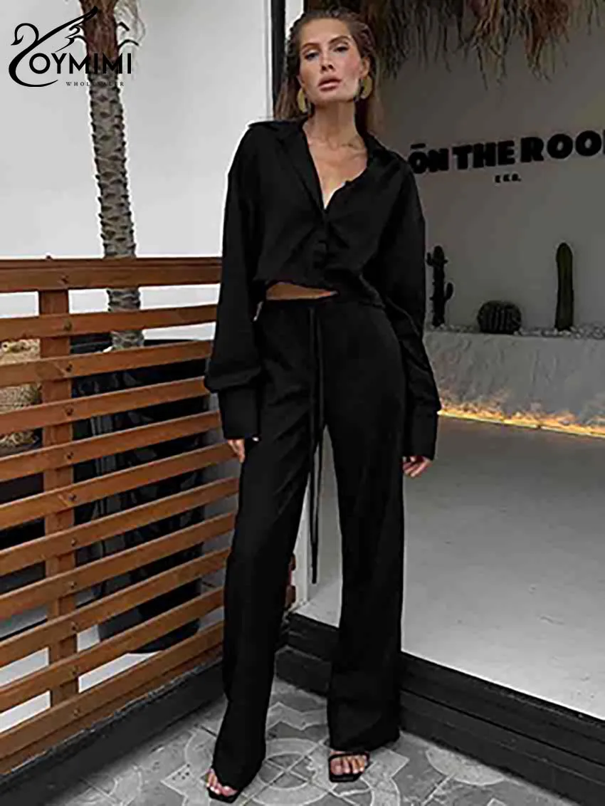 Oymimi Fashion Black Cotton Women 2 Piece Set Outfit Elegant Long Sleeve Button Crop Shirts And Drawstring Straight Pants Sets