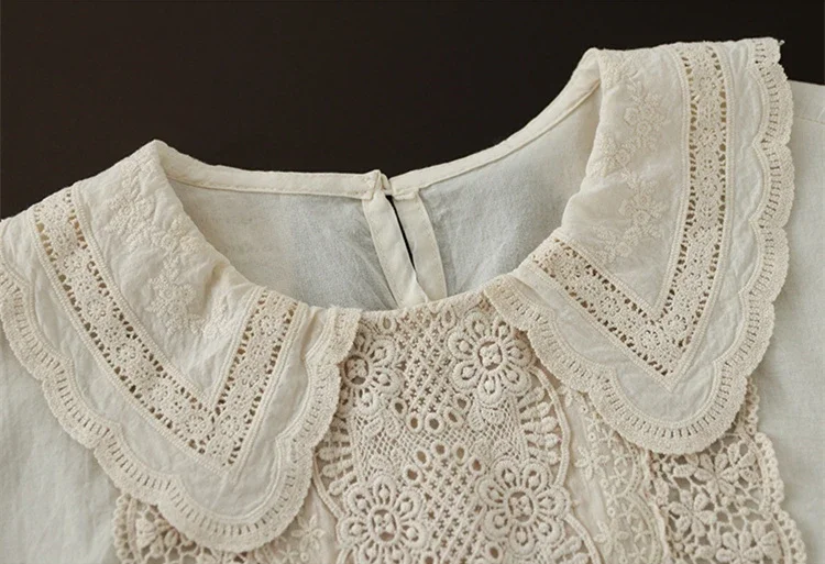 Mori Girl Vintage Sweet Embroidery Eyelet Lace Peter Pan Collar Lantern Long Sleeve Blouse Elegant Edwardian Victorian Loose Top