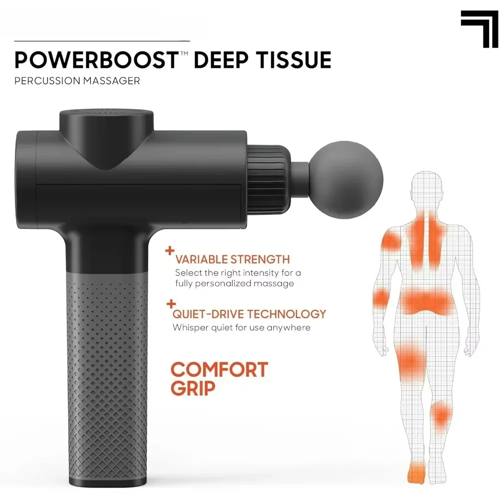 Powerboost Deep Tissue Massager v2.0, Massage Gun with 5 Attachments, Whisper Quiet, Rechargeable Battery - Black Fascia Gun