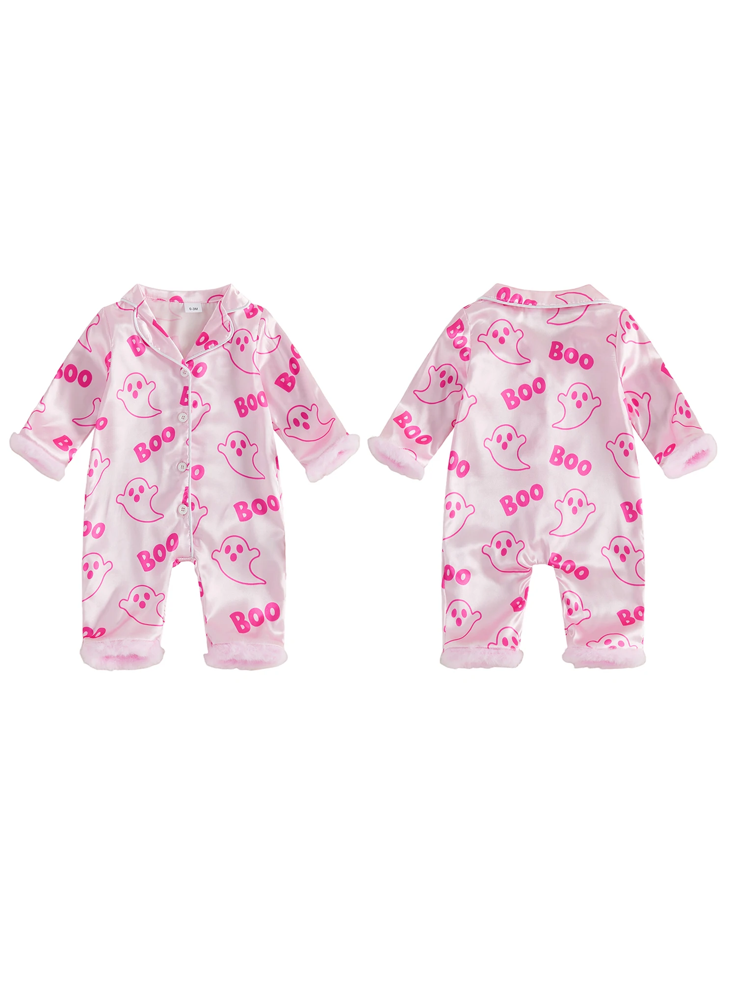 Button Closure Print Sleeve Print Furry Pajamas Long Sleeve Long Sleeve Ghost-Letters-Print Baby Girls Button Closure Print