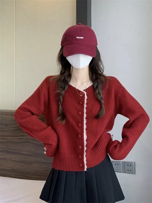 

Sweet Gentle Lace Trim Milk Blue Knitted Sweater Coat Women's Spring Autumn New Style Fashionable Open Cardigan Top