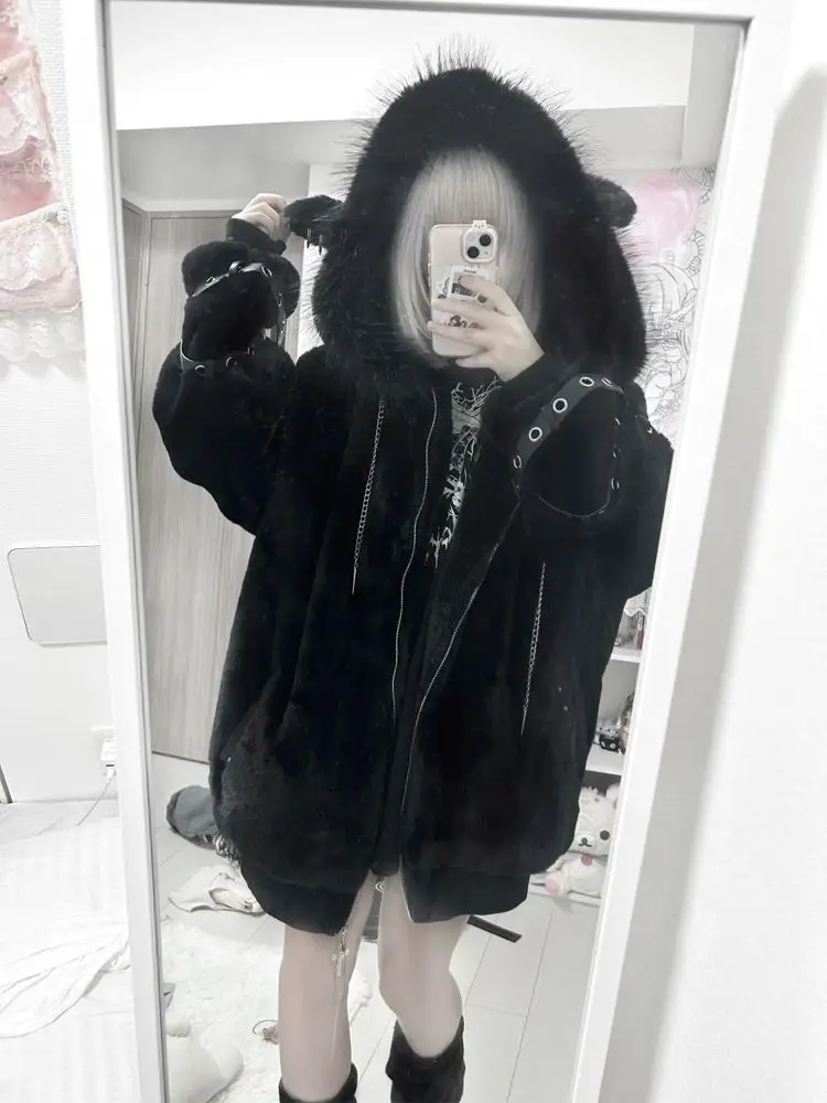 Autumn Winter Japanese Oversized Warm Soft White Faux Fur Coat Women with Hood Harajuku Vintage Y2K Fluffy Jacket Streetwear