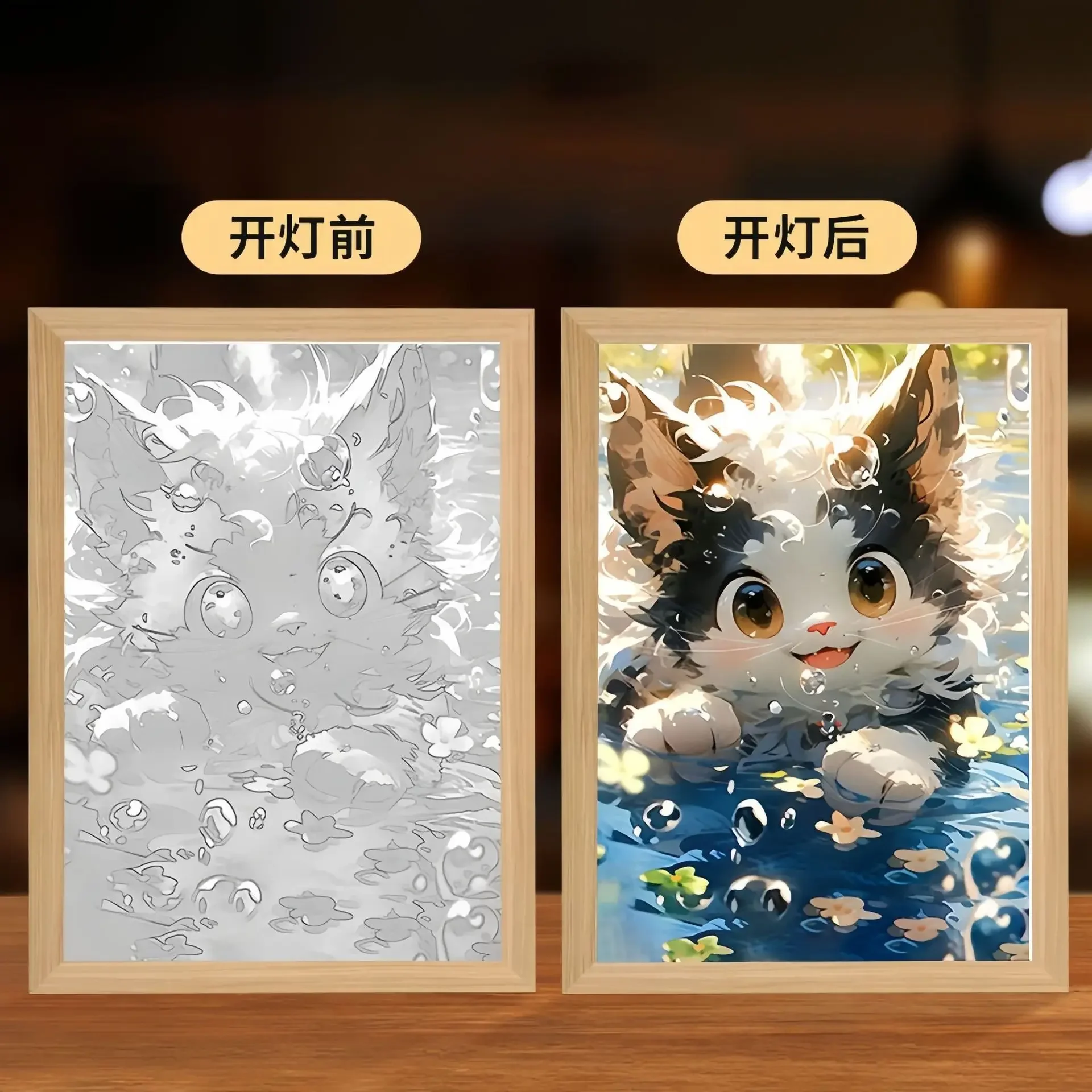 【Customized】Creative Gifts Cat Light Painting Decoration A4 Luminous Night Light Wooden Photo Frame Acrylic 3 Color Lights Lamp