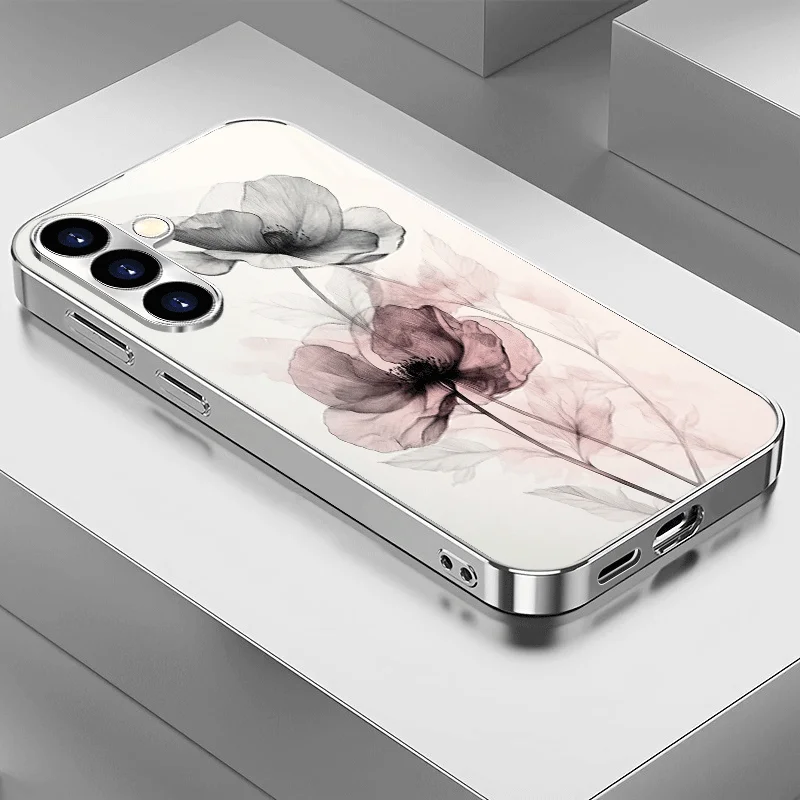 Pink black ink wash flower Tempered Glass Fashion phone case for Samsung Galaxy S26/S25/S24/S23/S22/S21 FE Ultra Plus Shockproof