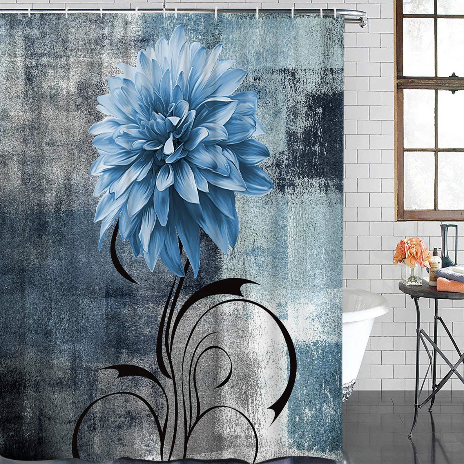 Dahlia Oil Painting Abstract Texture Plant Flower Blue Waterproof Shower Curtain Printed Bath Curtains Bathroom Decoration